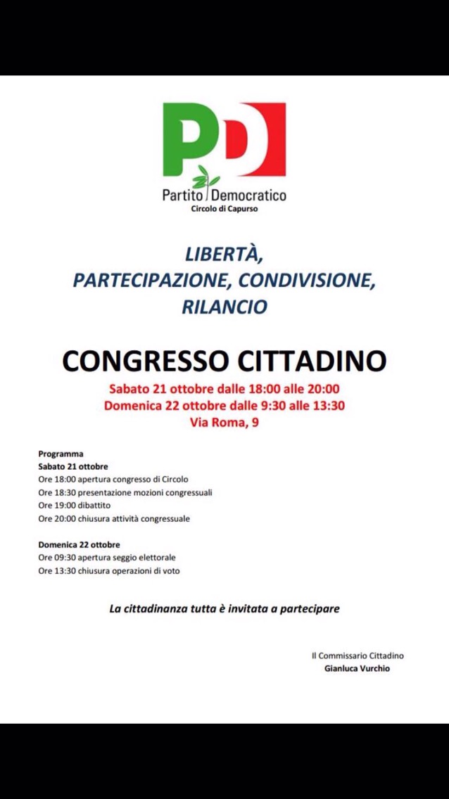 Congresso del Pd a Capurso il 21 e 22 ottobre