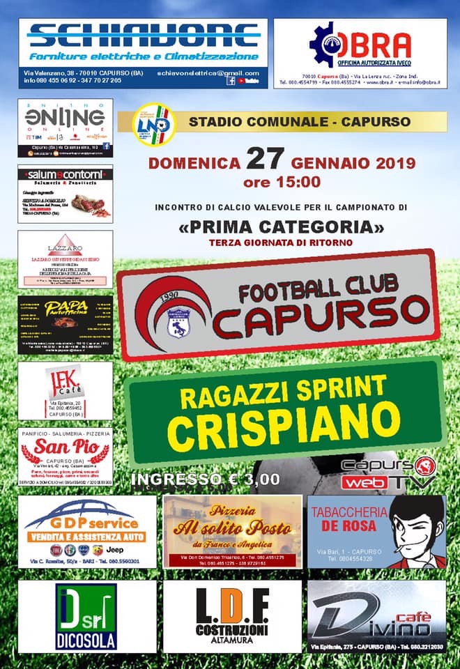 Football Club Capurso | Oggi in casa arriva il “Ragazzi Sprint Crispiano”