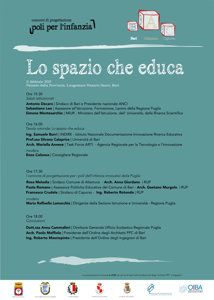 “Lo spazio che educa”, lunedì 11 febbraio a Bari