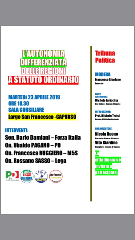 Tribuna politica: L’autonomia differenziata delle regioni a statuto ordinario Capurso – 23 aprile 2019  ore 18.30 – sala consiliare di Capurso