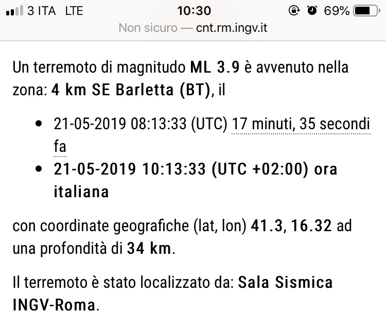 Scossa Terremoto ML 3.9 avvertita in Puglia